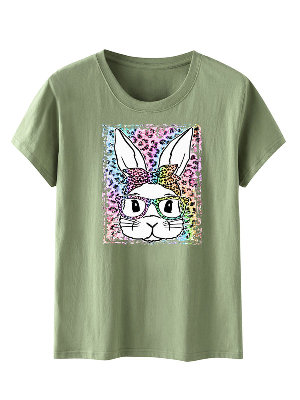 Damen-Kurzarm-T-Shirt mit Oster-Leoparden-Hasen-Print 