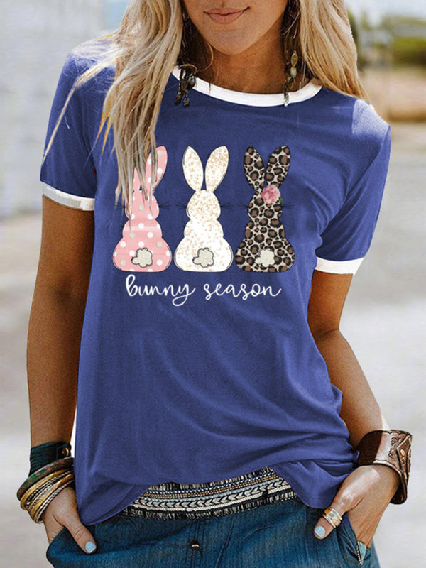 T-shirt à manches courtes pour femme avec imprimé lapin de saison et contraste de couleur 