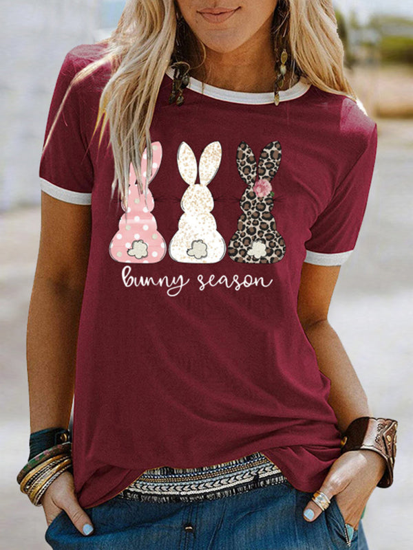 T-shirt à manches courtes pour femme avec imprimé lapin de saison et contraste de couleur 