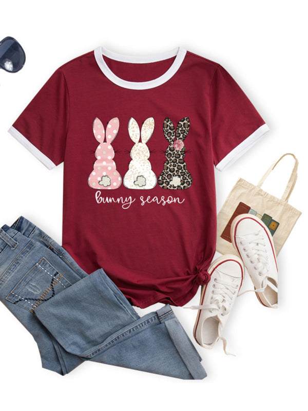 T-shirt à manches courtes pour femme avec imprimé lapin de saison et contraste de couleur 