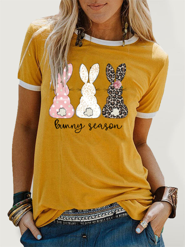 T-shirt à manches courtes pour femme avec imprimé lapin de saison et contraste de couleur 