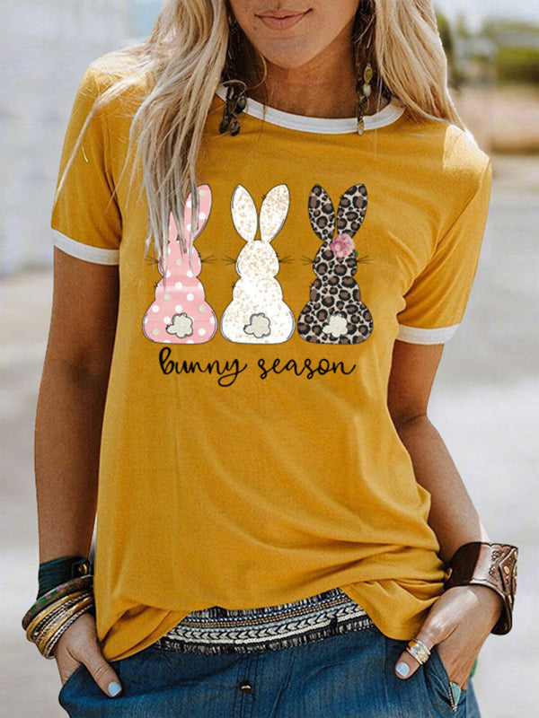 T-shirt à manches courtes pour femme avec imprimé lapin de saison et contraste de couleur 