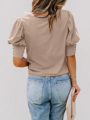 round neck solid color button loose top T-shirt shirt