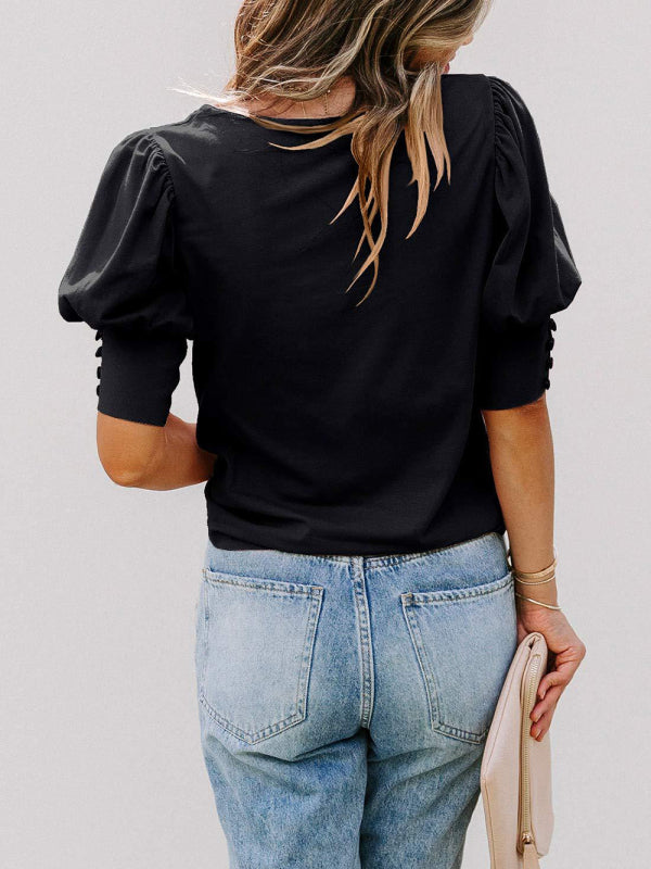 round neck solid color button loose top T-shirt shirt