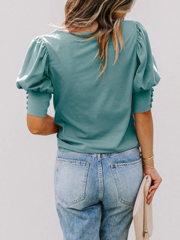 round neck solid color button loose top T-shirt shirt