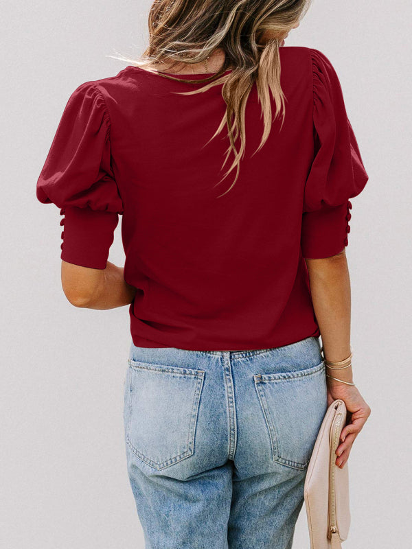 round neck solid color button loose top T-shirt shirt