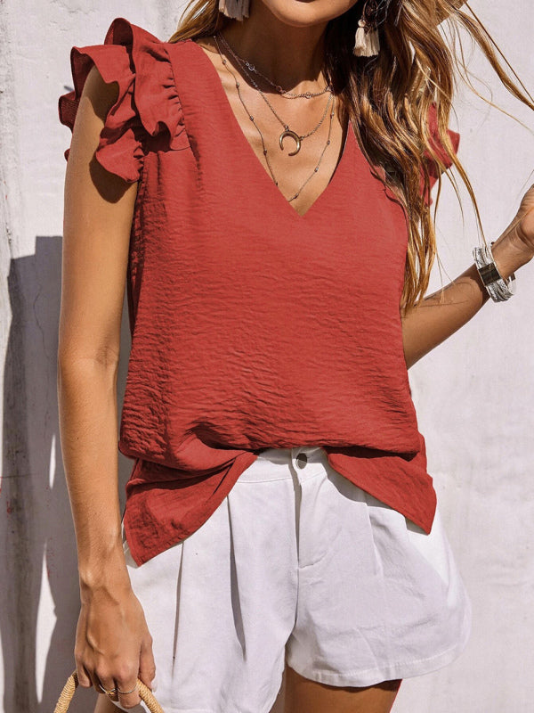 Women's Casual V Neck Ruffle Tank Top Sleeveless Shirt