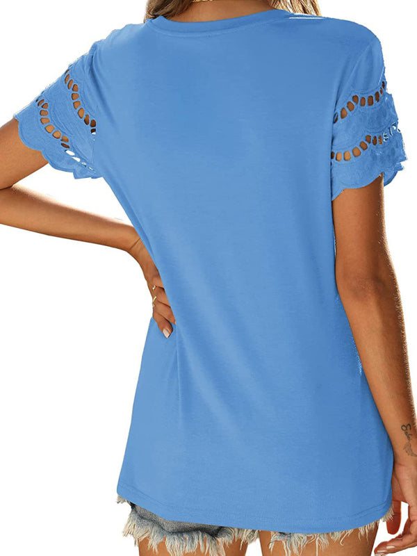 lace stitching short-sleeved T-shirt round neck top