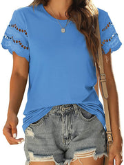 lace stitching short-sleeved T-shirt round neck top