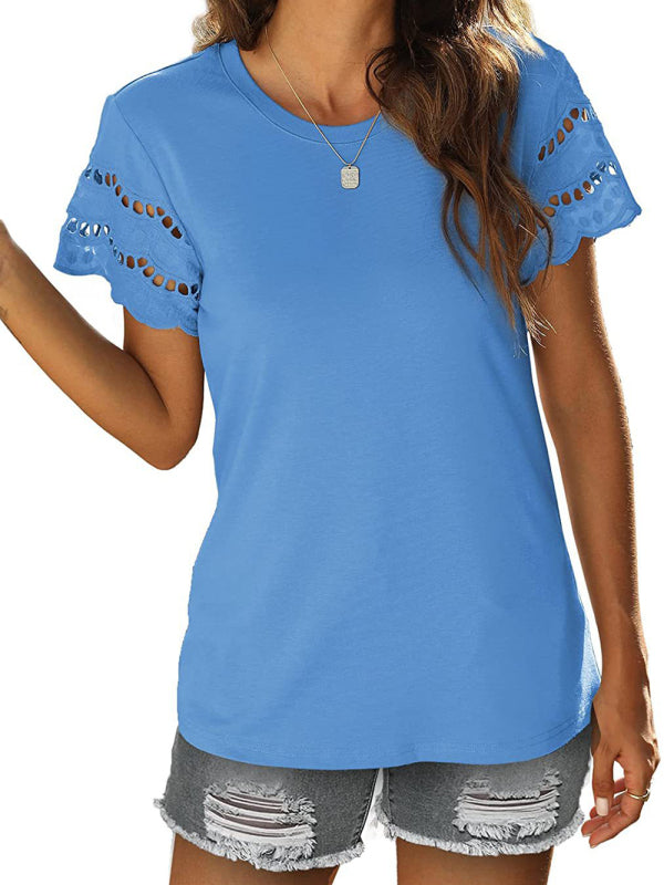 lace stitching short-sleeved T-shirt round neck top