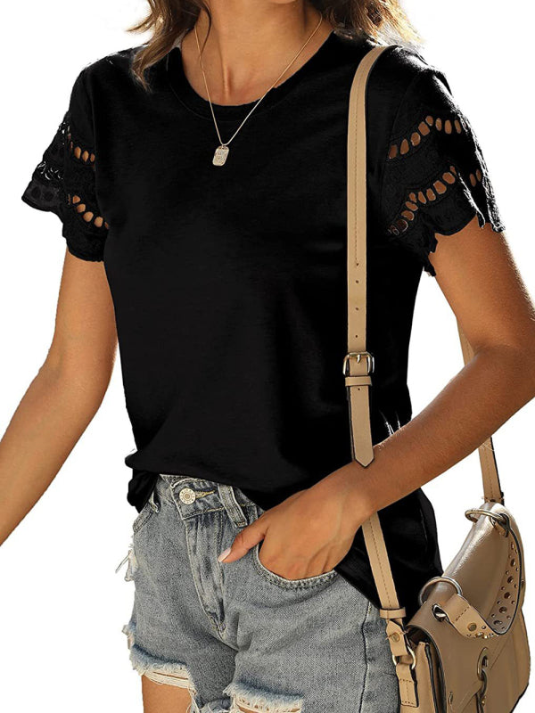 lace stitching short-sleeved T-shirt round neck top