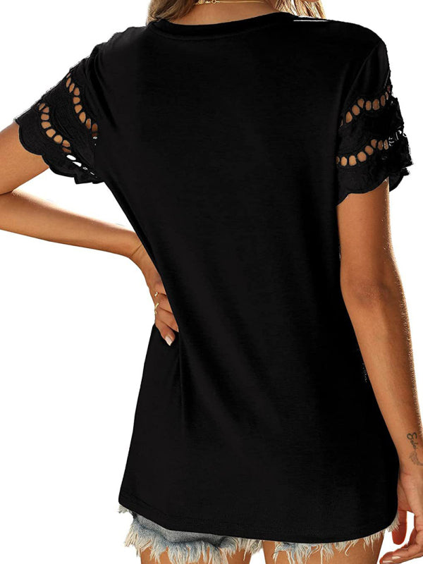 lace stitching short-sleeved T-shirt round neck top