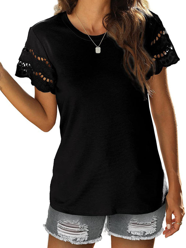 lace stitching short-sleeved T-shirt round neck top