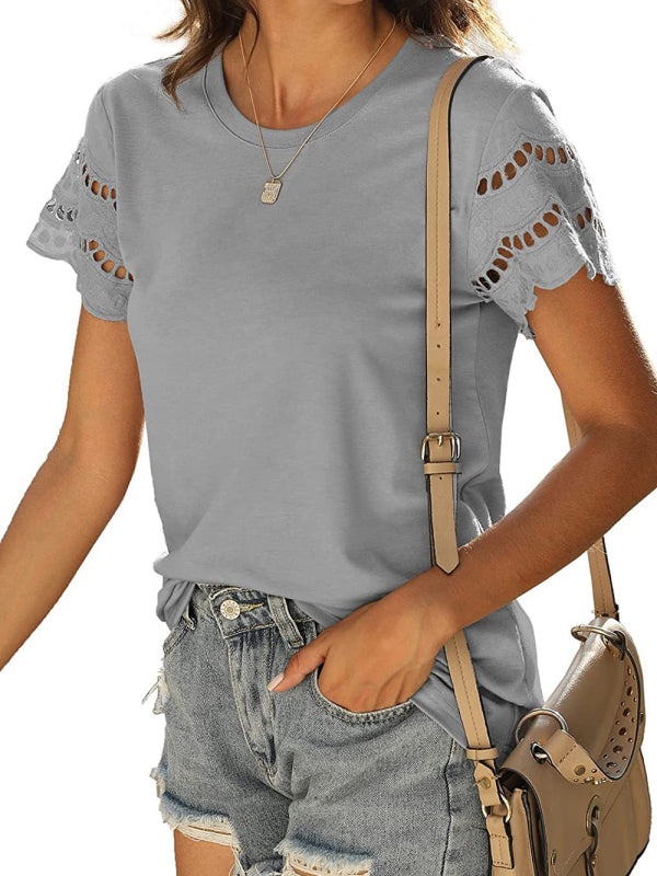lace stitching short-sleeved T-shirt round neck top