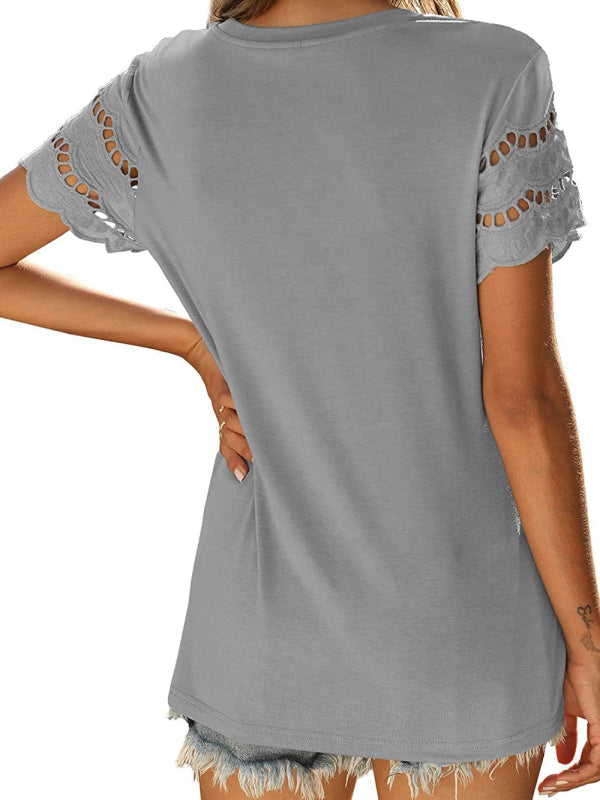 lace stitching short-sleeved T-shirt round neck top