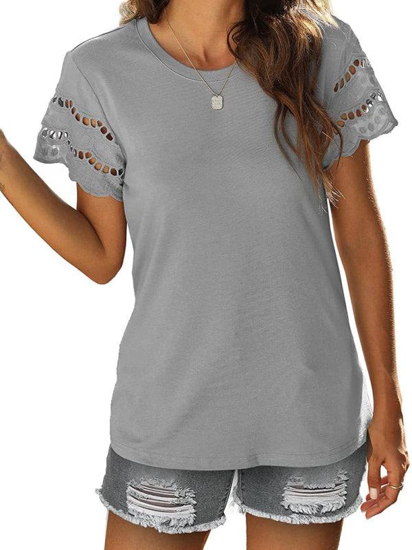 lace stitching short-sleeved T-shirt round neck top