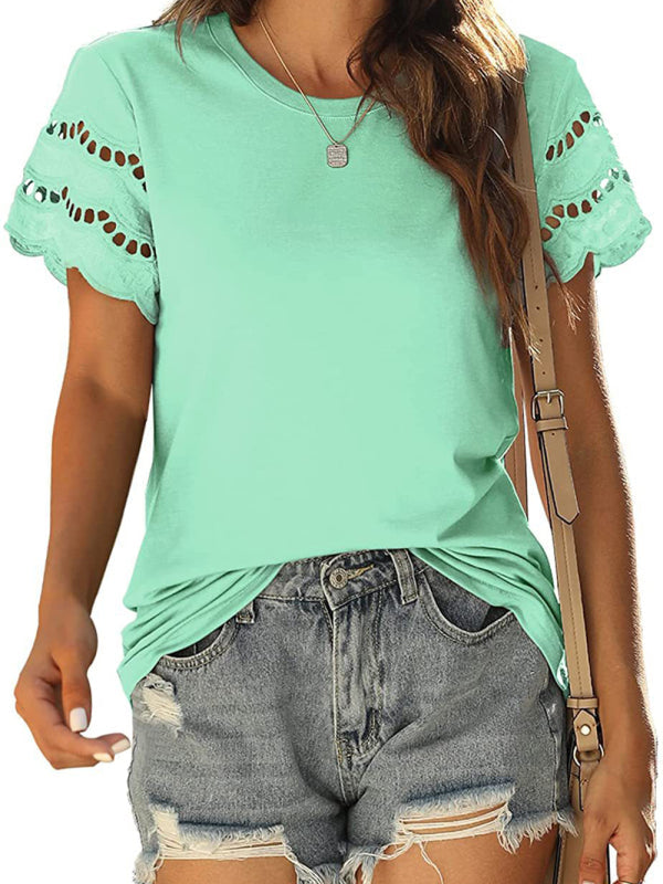 lace stitching short-sleeved T-shirt round neck top