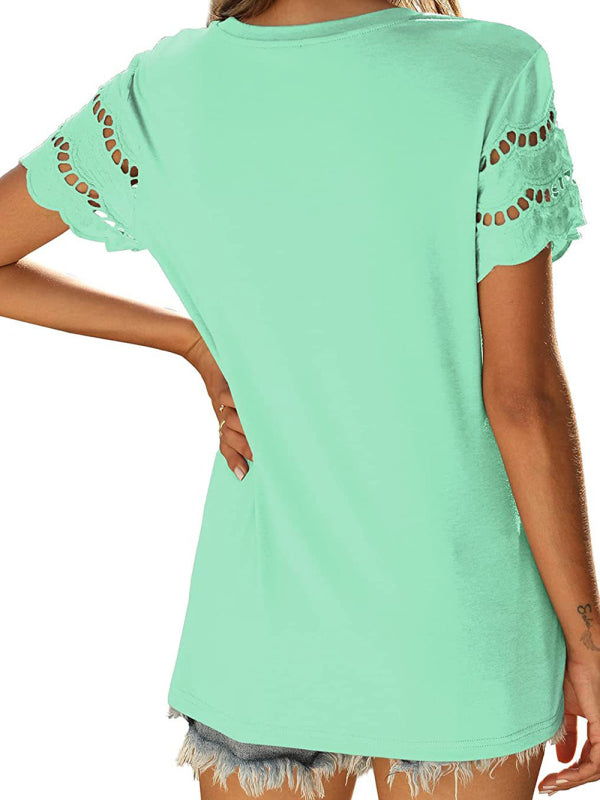 lace stitching short-sleeved T-shirt round neck top