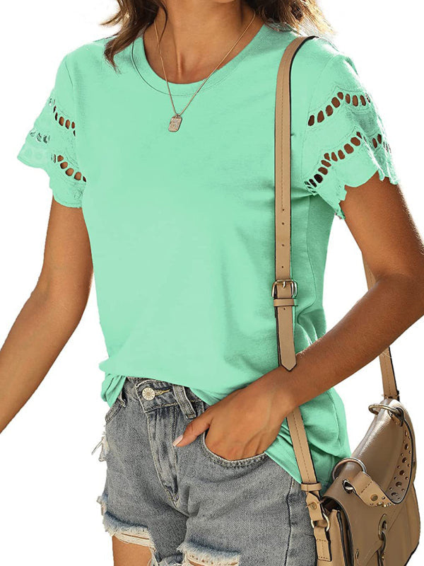 lace stitching short-sleeved T-shirt round neck top