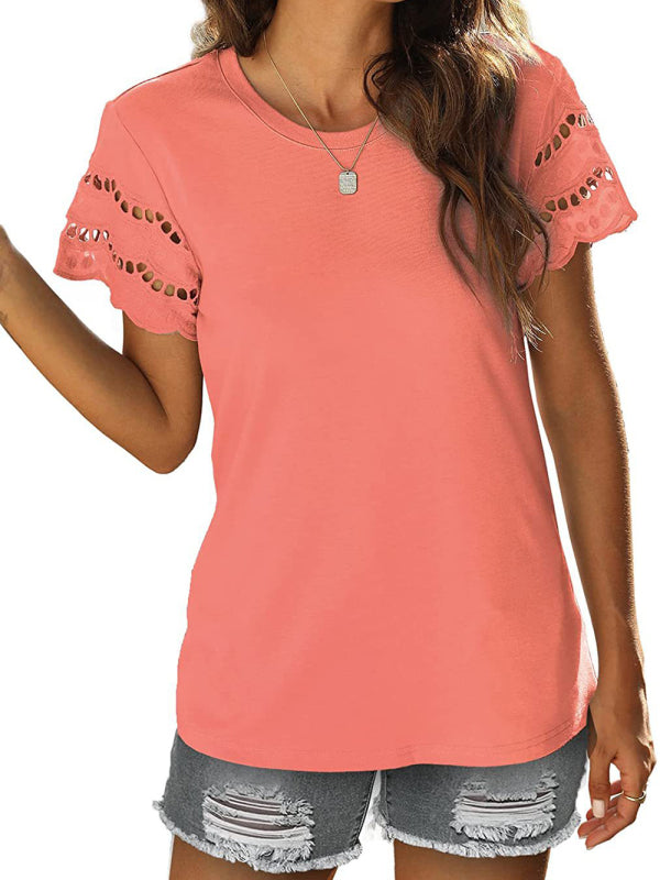 lace stitching short-sleeved T-shirt round neck top