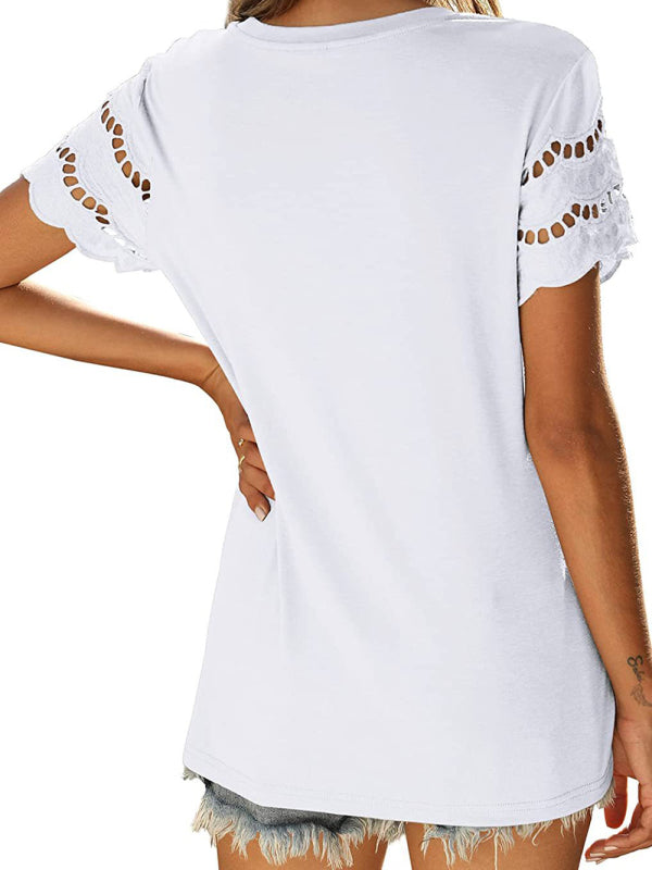 lace stitching short-sleeved T-shirt round neck top