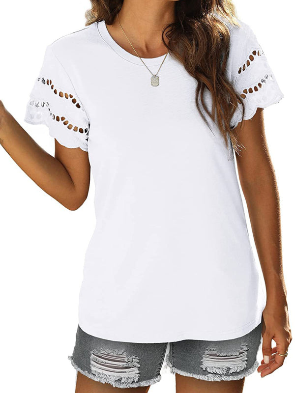 lace stitching short-sleeved T-shirt round neck top