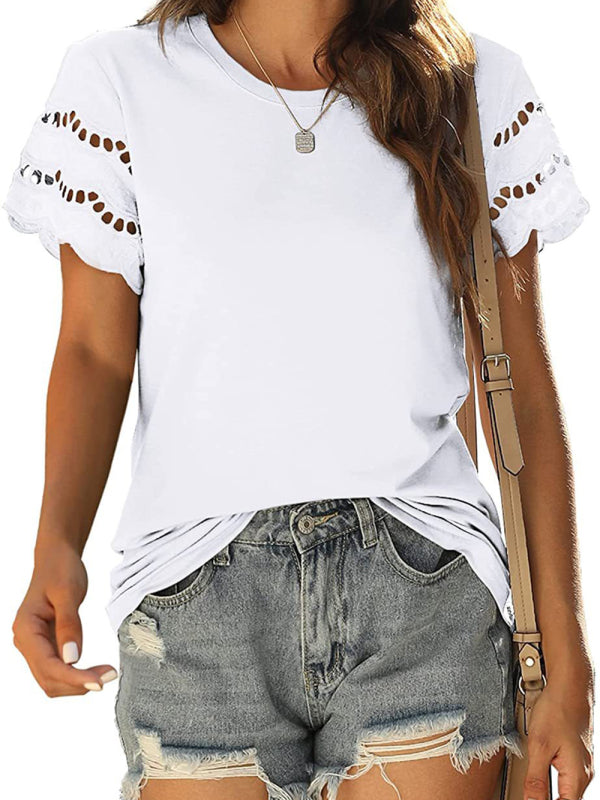 lace stitching short-sleeved T-shirt round neck top