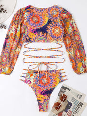 Women's Ethnic Printed Mesh Long Sleeve Bikini Set