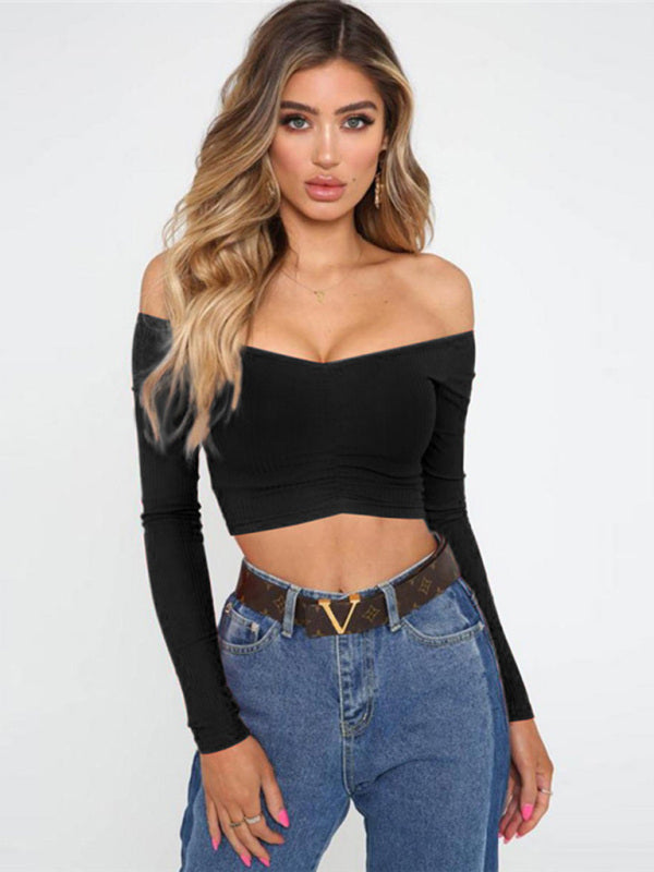Women's navel cropped cropped slim-fit off-shoulder long-sleeved top