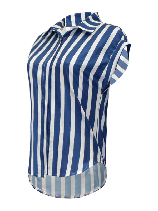 Woven OL Casual Style Striped Button Down Lapel Short Sleeve Shirt