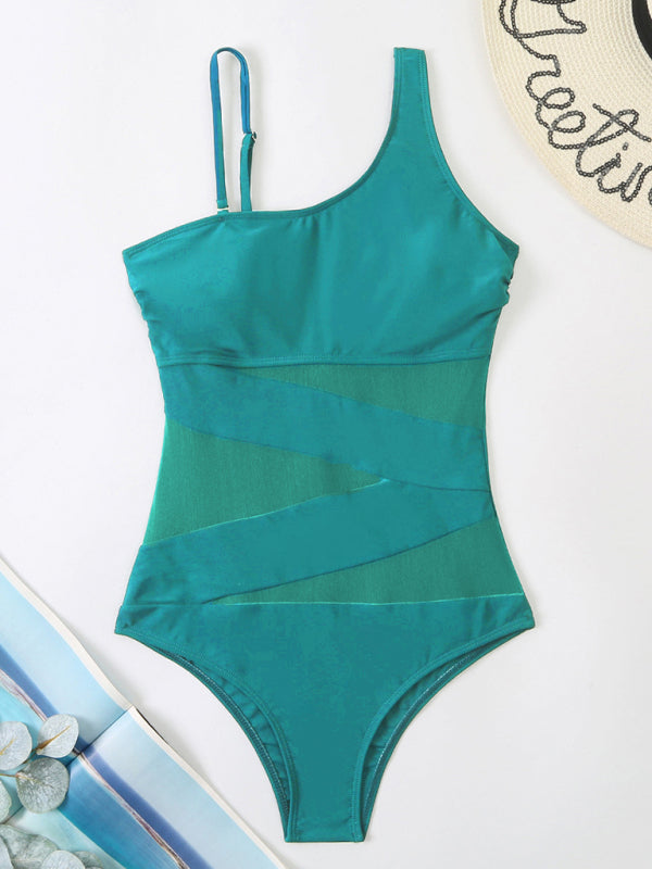 Maillot de bain une pièce en gaze épissée avec bikini à épaules obliques 