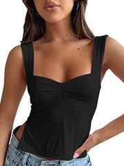 Solid Color Retro Wide Straps Slim Chest Pleated Tank Top