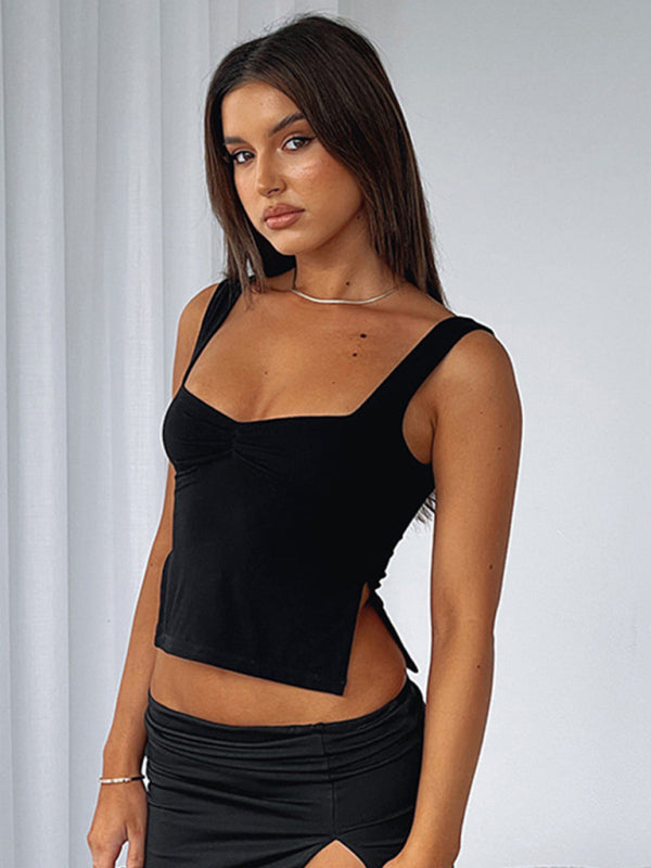 Solid Color Retro Wide Straps Slim Chest Pleated Tank Top
