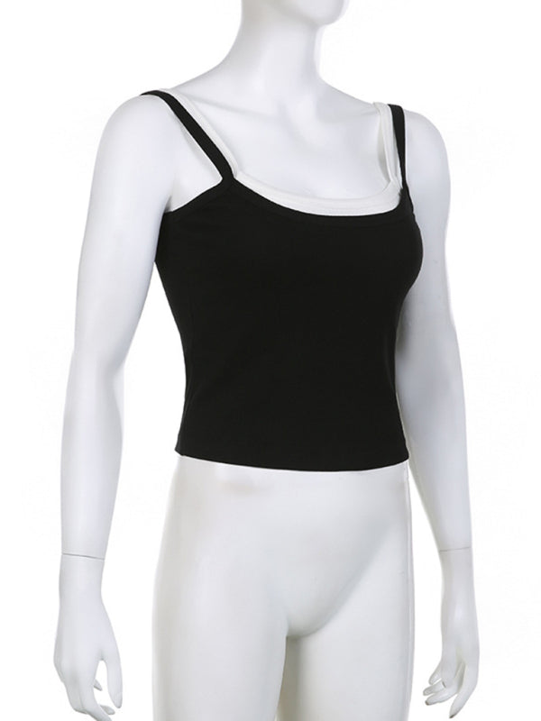 Women's Black White Contrasting Color False Two-piece Stitching Slim Camisole Top