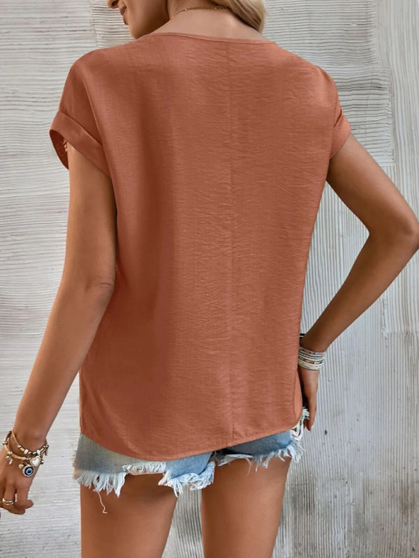 casual solid color stitching lace hollow short-sleeved top