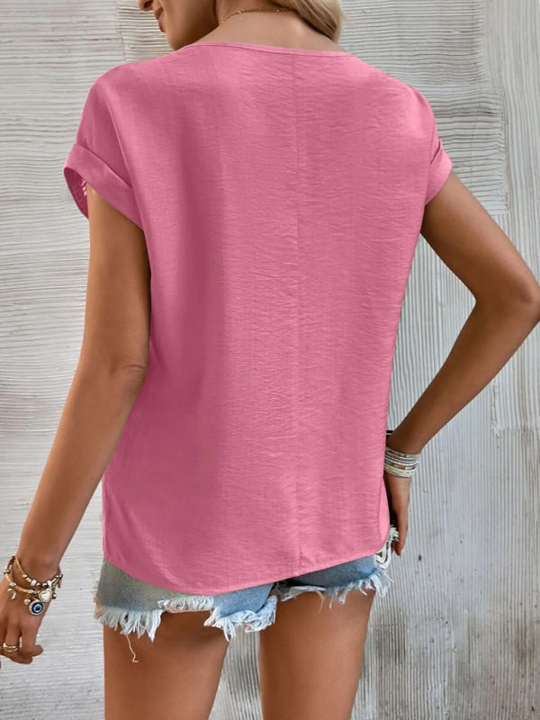 casual solid color stitching lace hollow short-sleeved top