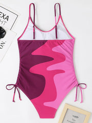 One-Piece Swimsuit Multicolor Stitching Drawstring Corrugated Swimsuit