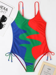 One-Piece Swimsuit Multicolor Stitching Drawstring Corrugated Swimsuit