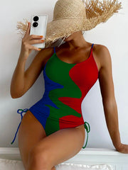 One-Piece Swimsuit Multicolor Stitching Drawstring Corrugated Swimsuit