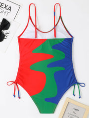 One-Piece Swimsuit Multicolor Stitching Drawstring Corrugated Swimsuit