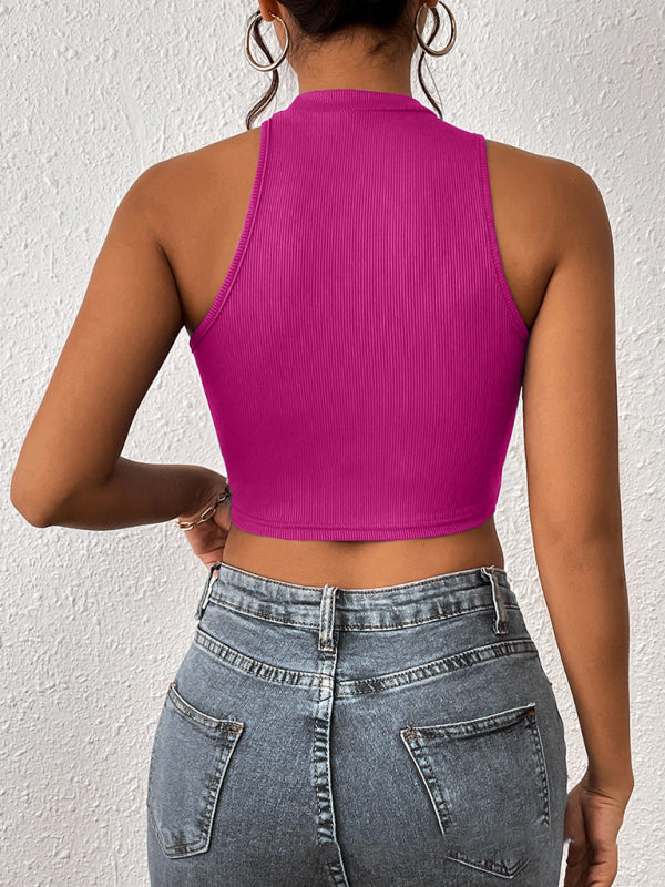 Gestricktes, asymmetrisches Crop-Tanktop für Damen mit Rundhalsausschnitt 