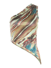 Women's Printed One Shoulder Sleeve Diagonal Hem Slim Fit Bottom Vest