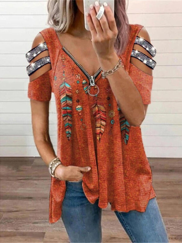 V Neck Zipper Pullover Positioning Print Short Sleeve Loose T-Shirt Tops