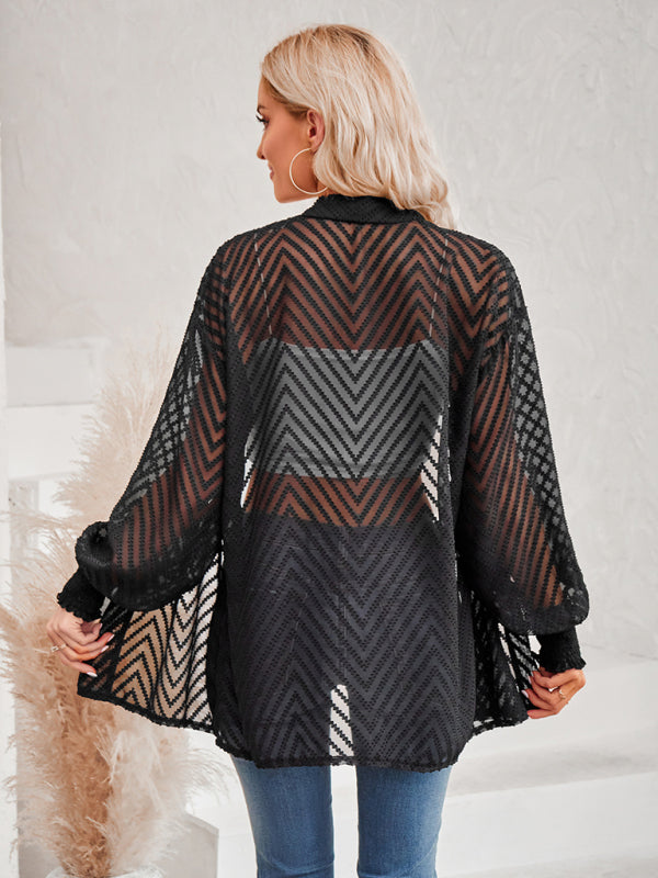 Lässiges, einfarbiges, lockeres Jacquard-Cardigan-Oberteil für Damen 
