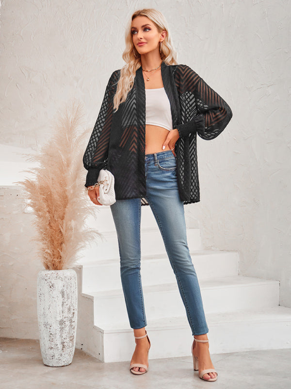 Lässiges, einfarbiges, lockeres Jacquard-Cardigan-Oberteil für Damen 