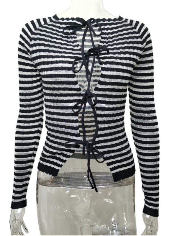 Design Sense Hohl Kontrastfarbe Fliege Krawatte Bottoming Langarm Cardigan Top 