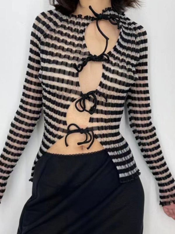 Design Sense Hohl Kontrastfarbe Fliege Krawatte Bottoming Langarm Cardigan Top 