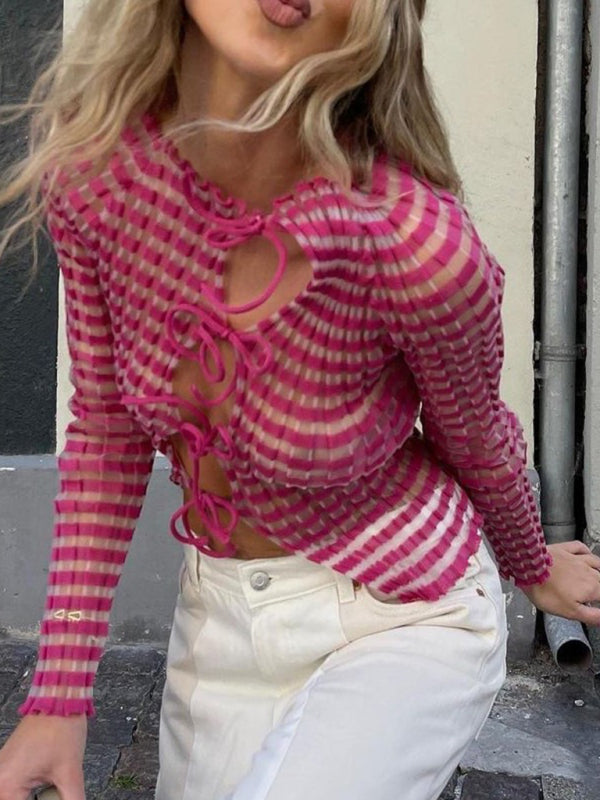 Design Sense Hohl Kontrastfarbe Fliege Krawatte Bottoming Langarm Cardigan Top 