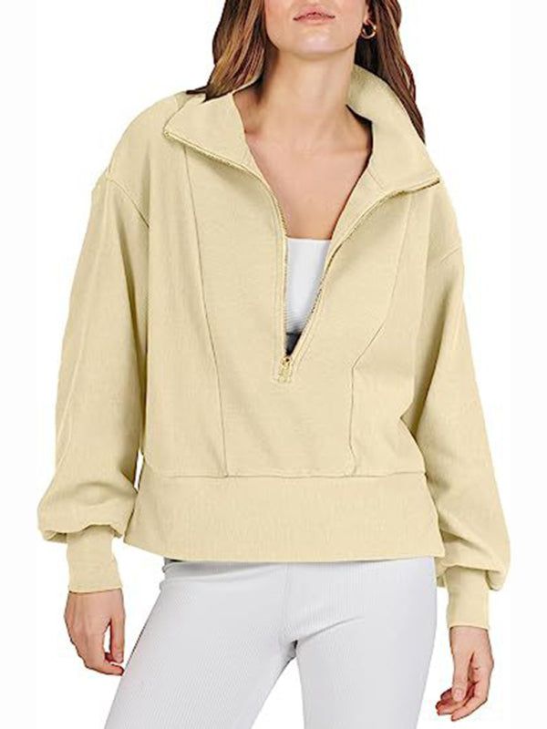 Women's Loose Zipper Neck Long Sleeve Sweatshirt Top