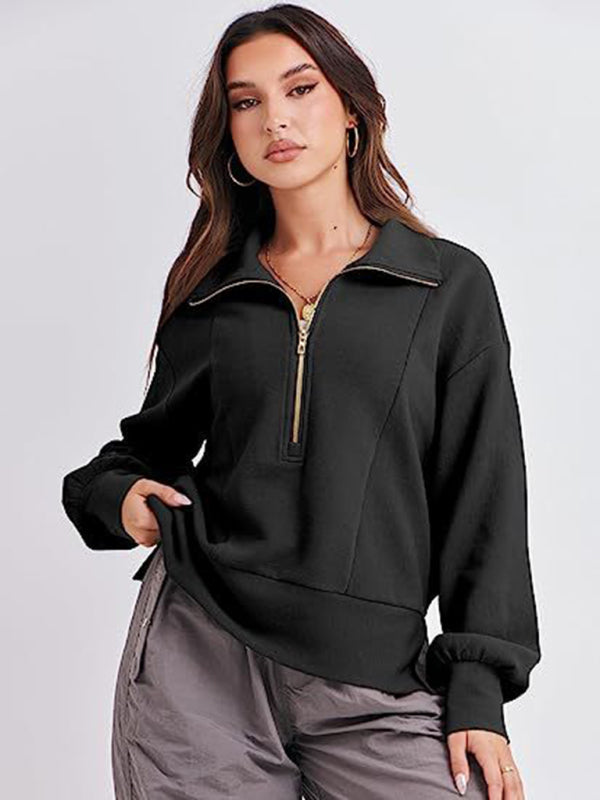 Women's Loose Zipper Neck Long Sleeve Sweatshirt Top